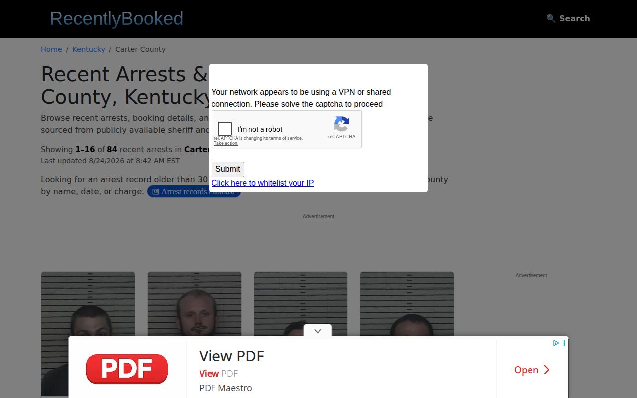 Unofficial Carter County recent arrest and mugshot page interface