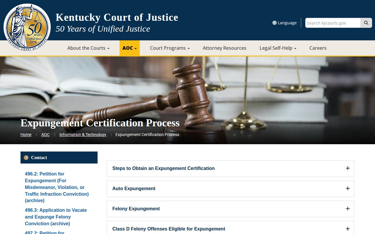 Kentucky Courts official expungement information