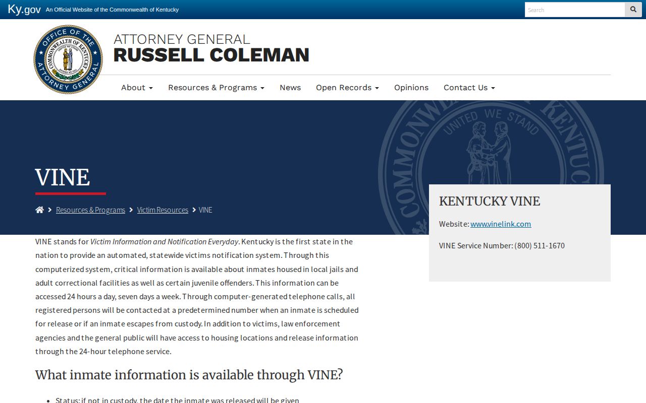 Kentucky Attorney General VINE custody notification information