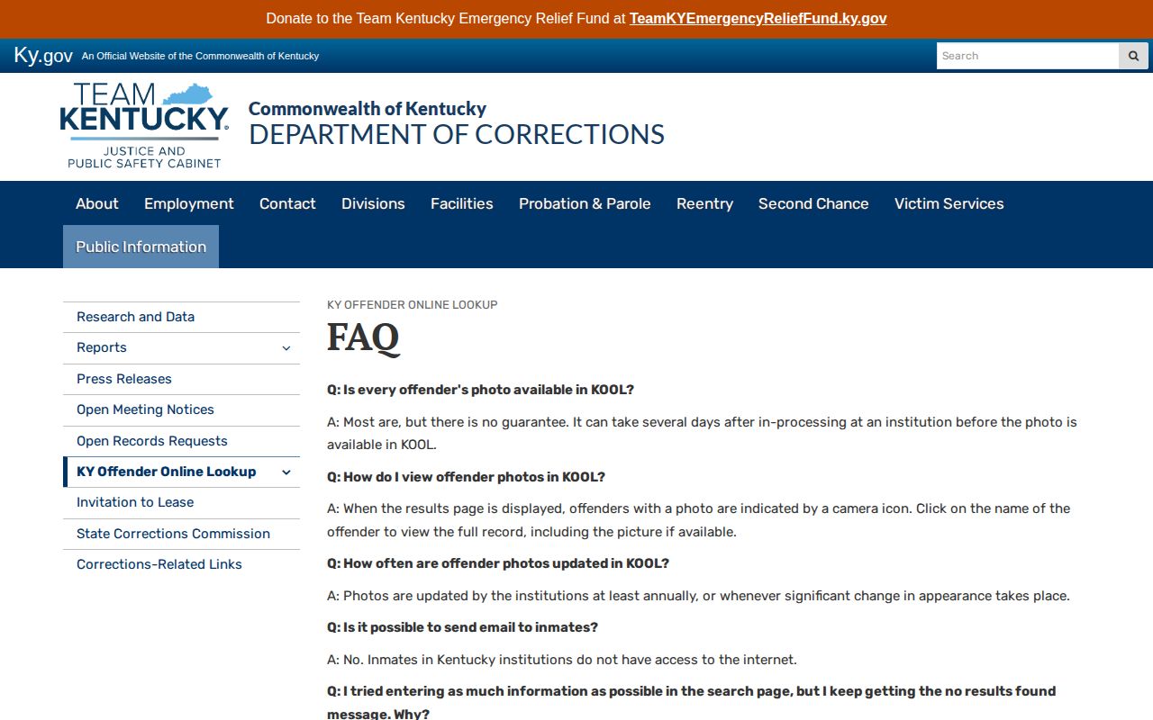 Kentucky DOC KOOL official frequently asked questions